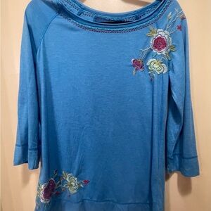 Johnny Was Blue Embellished 3/4 Sleeve Blouse
